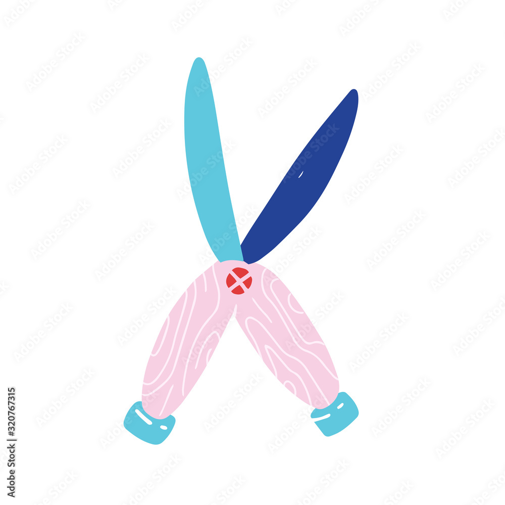 Pruning shears, gardening scissors for cutting and trimming grass, bushes and plants, shears secateur, isolated flat vector illustration, modern hand drawn cartoon style, good as icon. Pruning shears, gardening scissors for cutting and trimming grass, bushes and plants, shears secateur, isolated flat vector illustration, modern hand drawn cartoon style, good as icon.