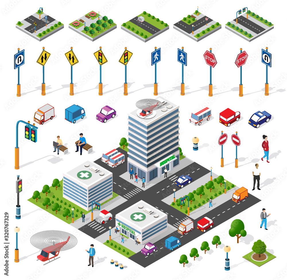 Fototapeta premium Isometric set building houses icons of blocks module