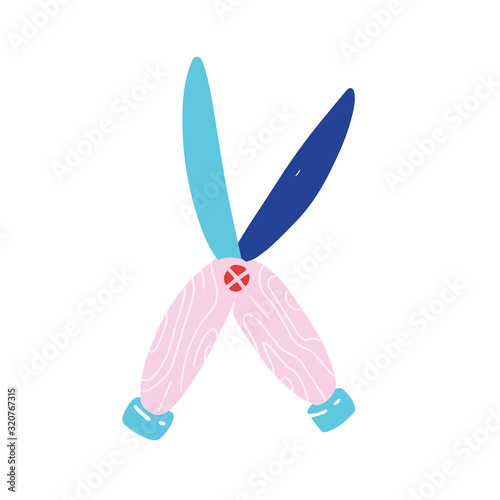 Pruning shears, gardening scissors for cutting and trimming grass, bushes and plants, shears secateur, isolated flat vector illustration, modern hand drawn cartoon style, good as icon.