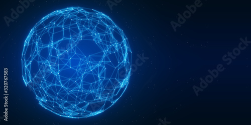 Abstract low-poly technology background of global telecommunication network connection for Internet of Things (IoT), big data science, fintech or Artificial Intelligence (AI), 3D connected sphere photo