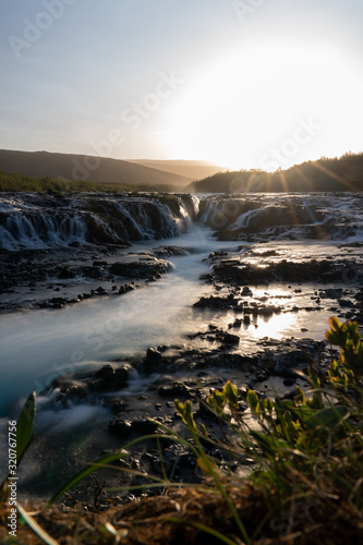 Long exposure of Bruarfoss waterfall before sunset Iceland