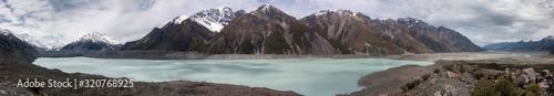 Mount Cook area New Zealand. Mountains. Tasman glacier. Panorama Glacier lake
