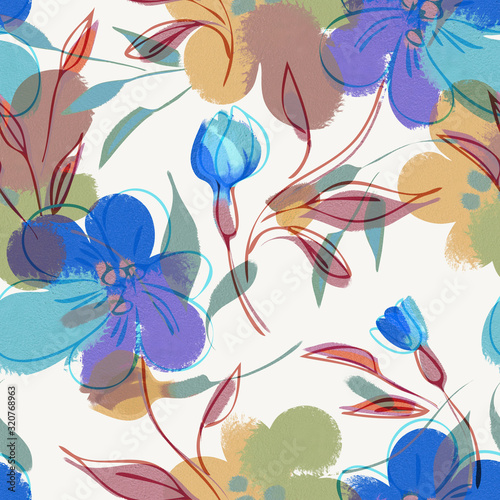 Acrylic Flowers Seamless Pattern. Hand Painted Illustration. Floral Background.