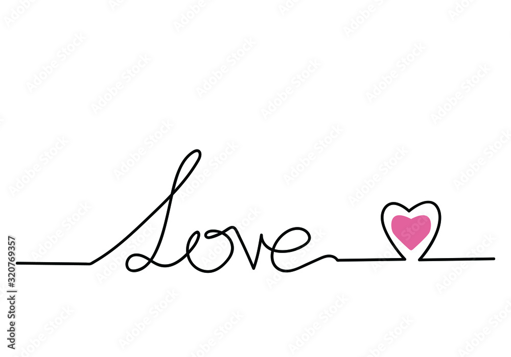 Continuous one line drawing of word LOVE, vector minimalist black and white illustration of love valentine