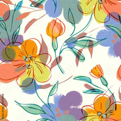 Acrylic Flowers Seamless Pattern. Hand Painted Illustration. Floral Background.