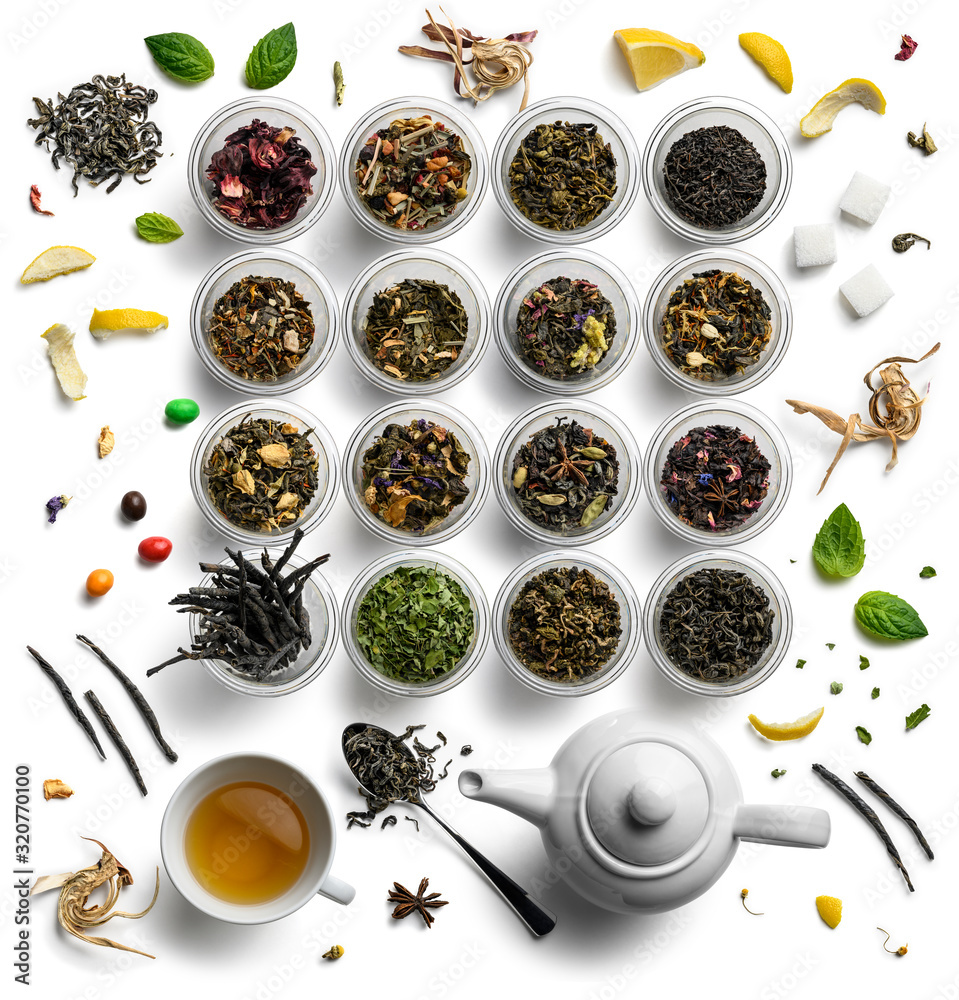 Large assortment of tea on a white background. The view from the top Large assortment of tea on a white background. The view from the top
