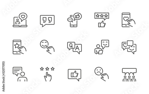 A simple set of Feedback related vector linear icons. Contains icons such as: rating, user opinion, question - answer, incoming message. 48x48 Pixel Perfect. Editable Stroke.