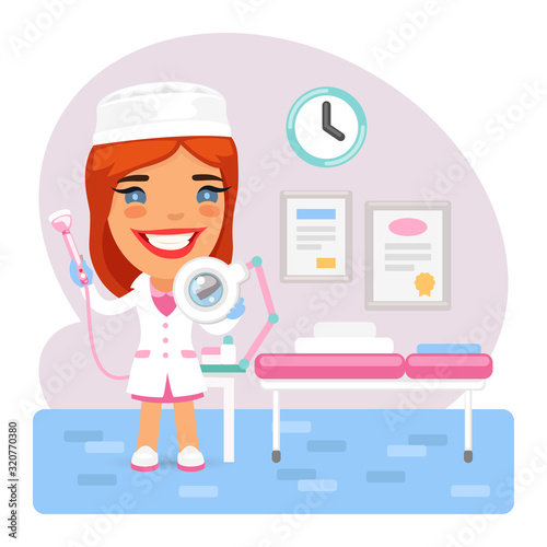 Cartoon cute doctor beautician in the cosmetologists office. Composition with a professional. Flat female character.
