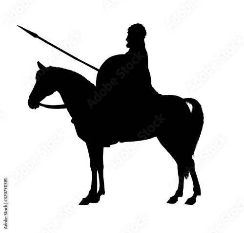 Ancient byzantine rider. Ancient warrior on horseback. Silhouette Illustration.