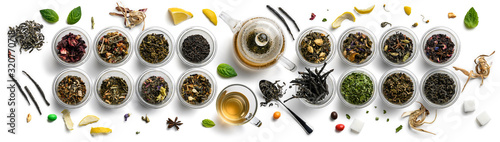 Large assortment of tea on a white background. The view from the top