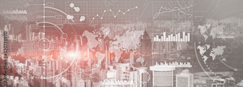 Business intelligence control interface marketing finance management city skyline view website panoramic heade banner.