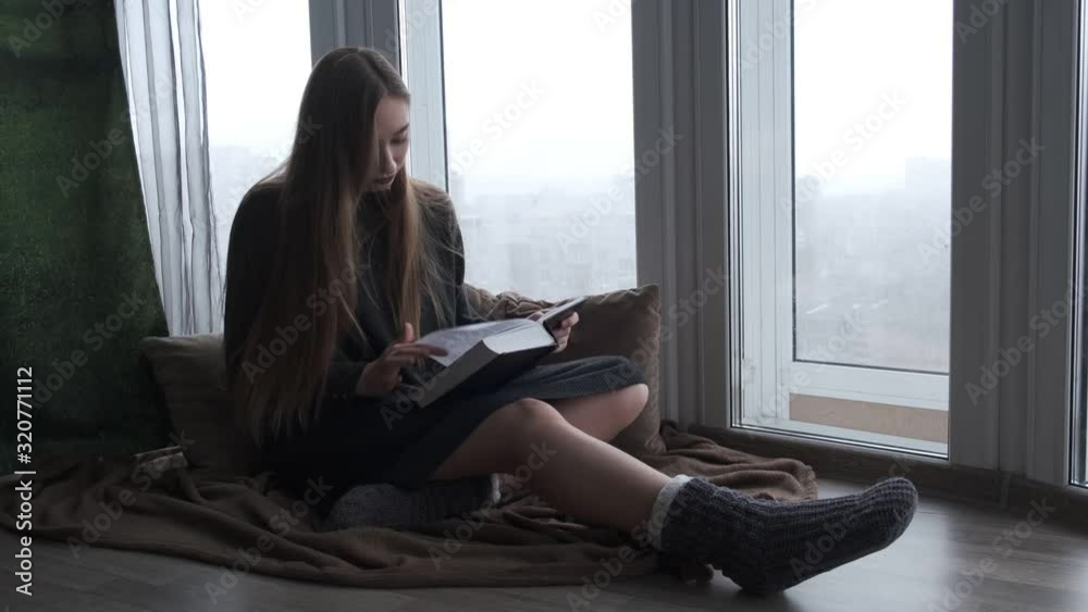 young beautiful girl reading a book by the window young beautiful girl reading a book by the window