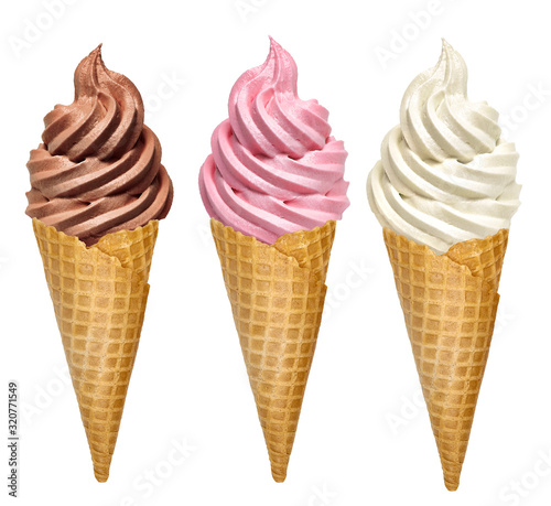 Strawberry, vanilla and chocolate whip soft ice creams or frozen custard in cone isolated on white background.  Including clipping path.
