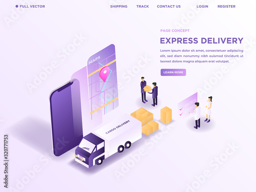 People packaging and sorting the boxes to the truck and using online map in modern landing page for courier website. 3D isometric vector illustration