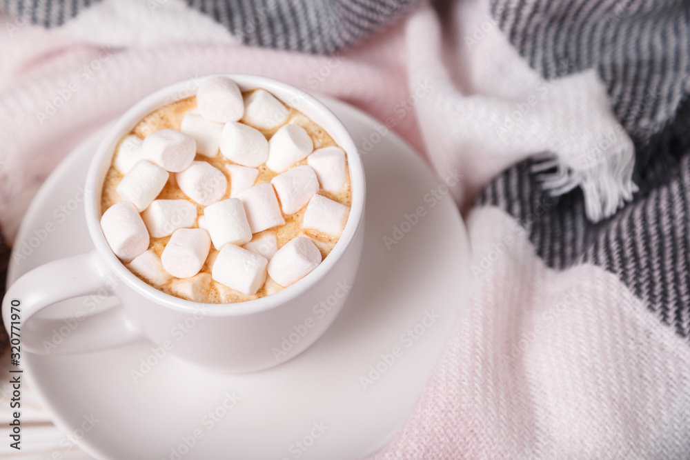 custom made wallpaper toronto digitalFestive cozy atmosphere. Cup of hot cocoa with marshmallows on background of wool plaid. Mock up. Flatlay
