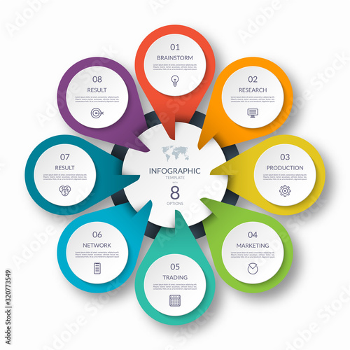 Infographic circle diagram template with 8 options. Can be used as a chart, graph, workflow layout, for web, report, business infographics.