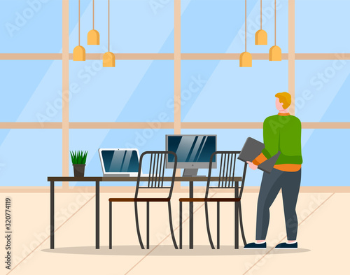 Man stand near table with documents in hands. Guy alone in cabinet at office. Computer and laptop for work on desk. Room interior with plant, lamps and window. Vector illustration of workplace in flat