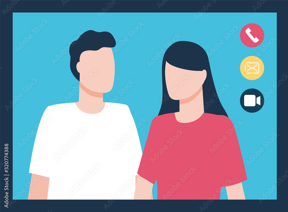 Obraz premium Video call or conference with couple. Man and woman on screen talking. Online communication via internet. Business meeting on distance. Male and female characters, button of phone icon, vector