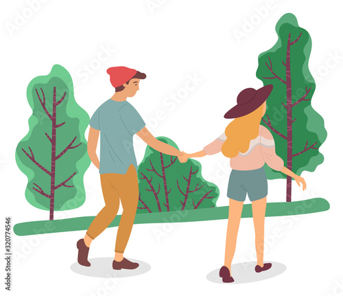 Teen couple on date in park or forest. Lady and guy hold each other hands and walking through lawn. Summer warm weather, beautiful landscape with green trees. Vector illustration in flat style