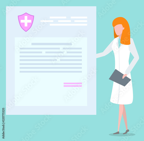 Doctor work in her cabinet at hospital. Woman explore patient medical history, card with illnesses. Practitioner look at health insurance map and hold notepad in hands. Vector illustration in flat