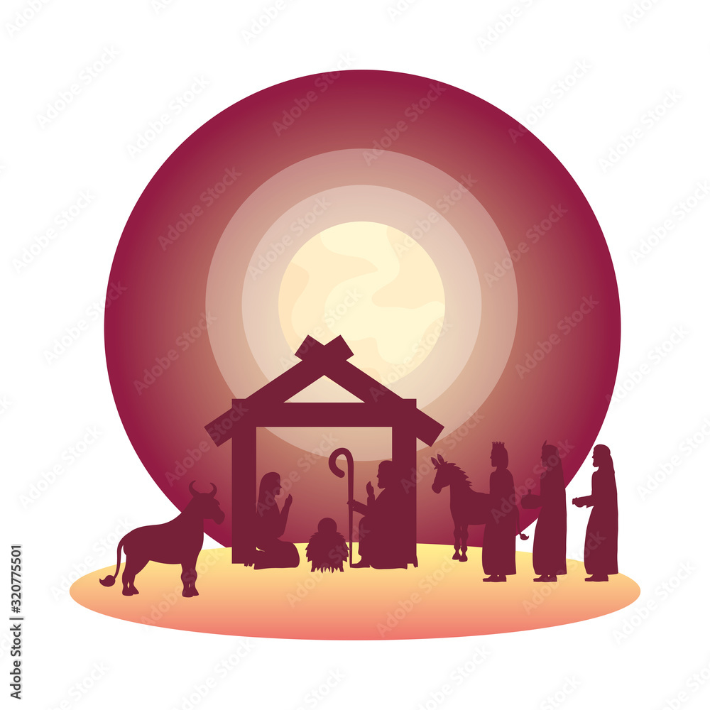 holy family and animals with wize men manger silhouettes
