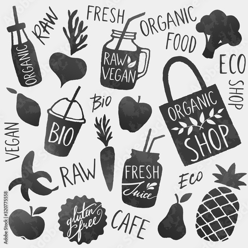 Vector healthy food branding concept set. Fruits, vegetables and smoothies