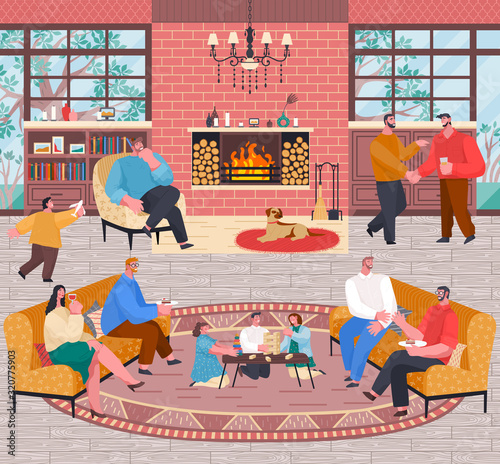 Guests and owners of house talking and drinking wine. Cheerful home reception party for friends and kids. Smiling personages passing time with pleasure. Children playing jenga table games, vector