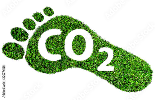 carbon footprint symbol or concept, barefoot footprint made of lush green grass with text CO2 photo