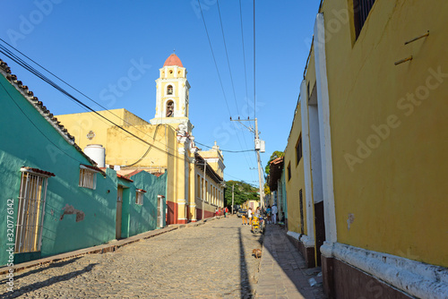 Panoramic view of the street with Bell tower or the church St. Francis in Trinidad  Cuba