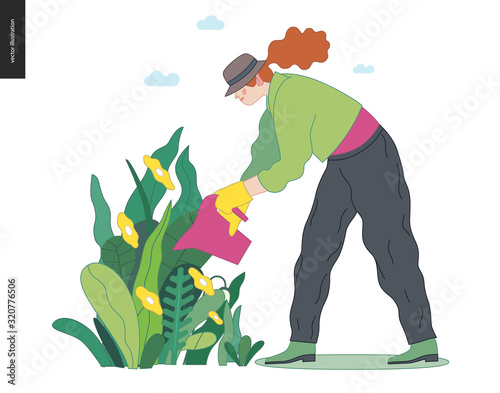 Gardening people, spring - modern flat vector concept illustration of a young red-hired woman wearing green rubber boots and a hat, watering plants. Spring gardening concept