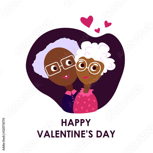 Happy St Valentine Day Celebration.14th February.Loving Afican Darskin Old Pensioner Man, Elderly Woman Couple Hug. Falling in Love