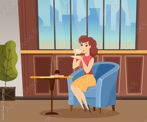 Lady drinking hot coffee or tea and eating chocolate muffin. Armchair and single leg table for meal. Place for relax in cafeteria, homelike interior. City view through the window, vector illustration