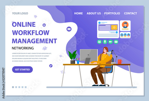 Online workflow management, manager working on laptop coping with tasks and employees in distance. Freelancer at home or office. Website or webpage template, landing page, vector in flat style