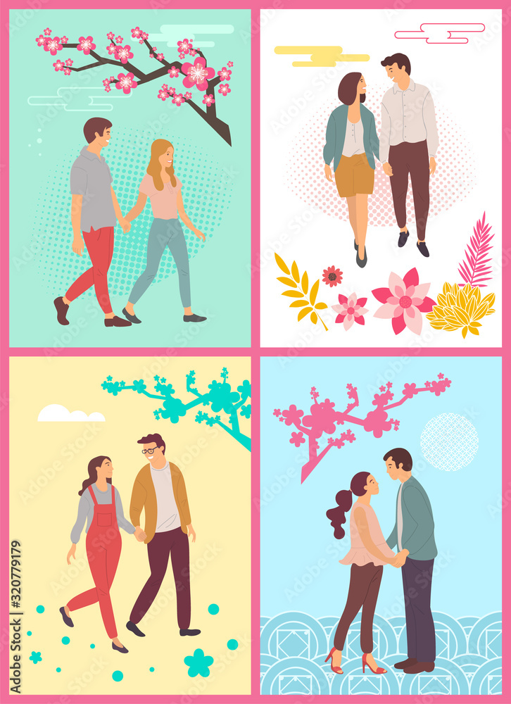 Couples enjoying fair weather of spring vector, man and woman holding hands, people in love walking under cherry blossom trees and sakuras branches