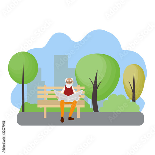 Vector illustration of an elderly man sitting alone in a park on a bench outside the city and reading a newspaper. Grandfather with glasses with gray hair. Active pensioners on vacation outdoors
