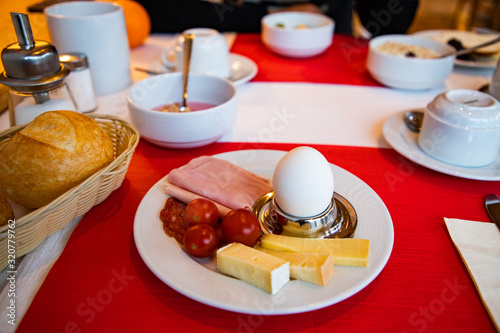 hotel breakfast egg toast ham coffee