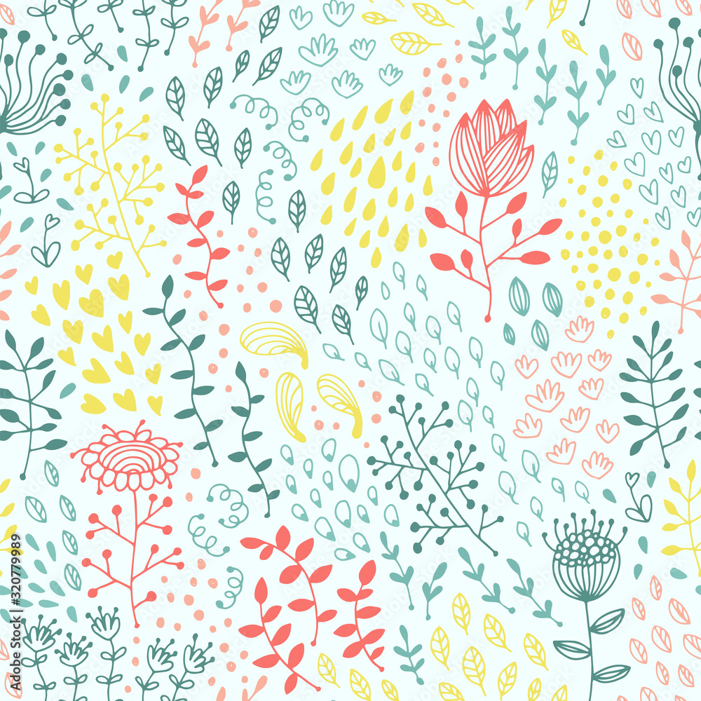 Seamless flower and leaf pattern, floral vector background, baby cartoon doodle pattern, endless texture for textile Seamless flower and leaf pattern, floral vector background, baby cartoon doodle pattern, endless texture for textile
