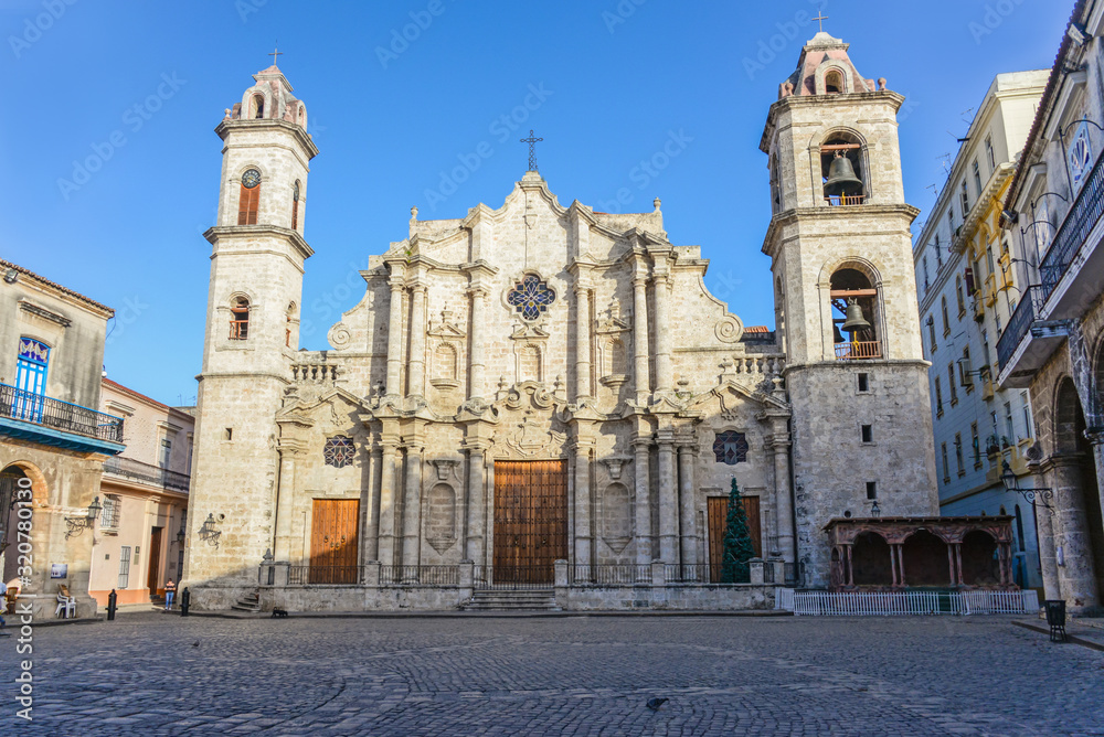 Facade of Cathedral of Havana in the early morning without tourists, Cuba