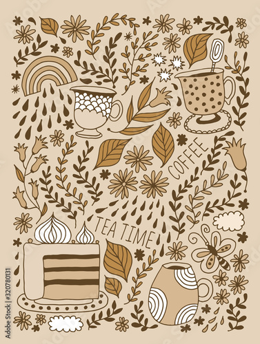 Flowers and leafs vector illustration, with tea and coffee cups, branches, rainbow, clouds, floral beige background, baby cartoon doodle pattern, floral collection