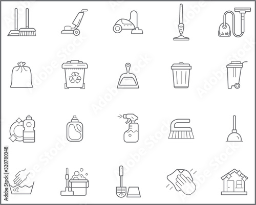 Set of housework and cleaning Icons line style. Included the icons as household, vacuum, soap, broom,  squeegee and more. customize color, stroke width control , easy resize.