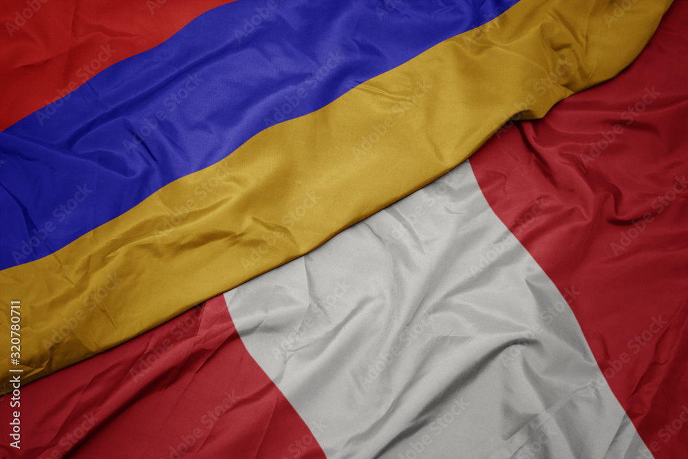 waving colorful flag of peru and national flag of armenia.