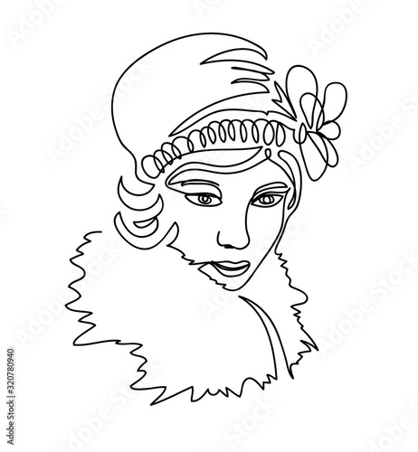 1920s girl portrait, head, face. Vector portrait sketch  with hat and fur. One continuous line drawing. Womam from 20s simple vector illustration.