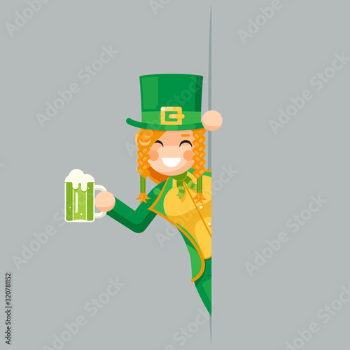 Cute female leprechaun gnome mug of green beer looking out corner saint patrick celebration clover flat design vector illustration