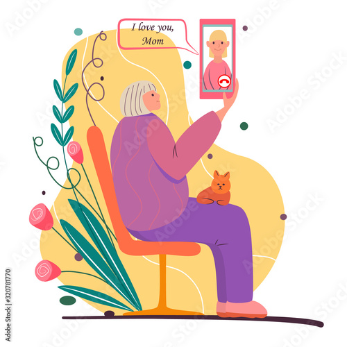 Call your mom. Cartoon illustration for mother's day. Elderly woman sits on bench, holds smartphone. Cat lies on the grandmother's lap. Video link, talk, chat with daughter. Senior woman with phone