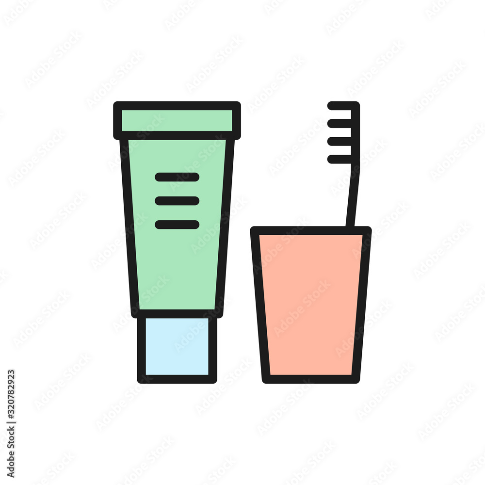 Toothpaste and brush, dental hygiene flat color line icon. Toothpaste and brush, dental hygiene flat color line icon.