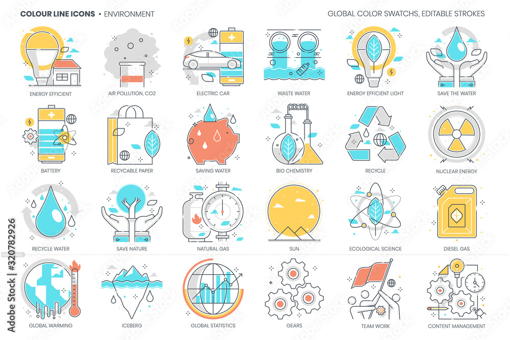 Environment, pollution related, color line, vector icon, illustration set