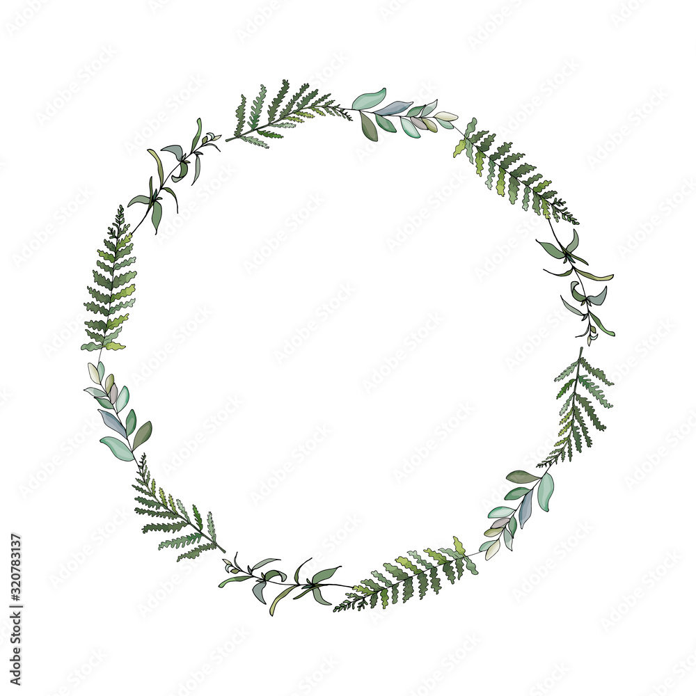 Green round frame from fern, eucalyptus branches, leaves on white background. Copy space. Hand drawn. For eco design, wedding invitation, greeting card, sales. Vector stock illustration. Green round frame from fern, eucalyptus branches, leaves on white background. Copy space. Hand drawn. For eco design, wedding invitation, greeting card, sales. Vector stock illustration.