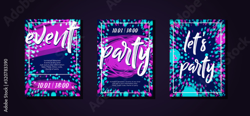 Neon postcards set. Template for your invitation, poster, banner, commercy, happy birthday or new year party.