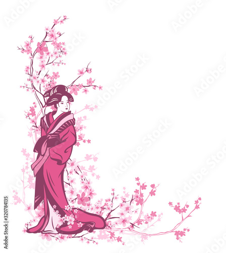 beautiful japanese geisha woman wering traditional kimono dress among sakura tree blossom vector decoartive design