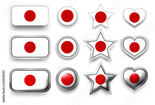 Set of vector labels of Japan - flag button, round button, star and heart sign of love in flag colors red, white for poster or flyer